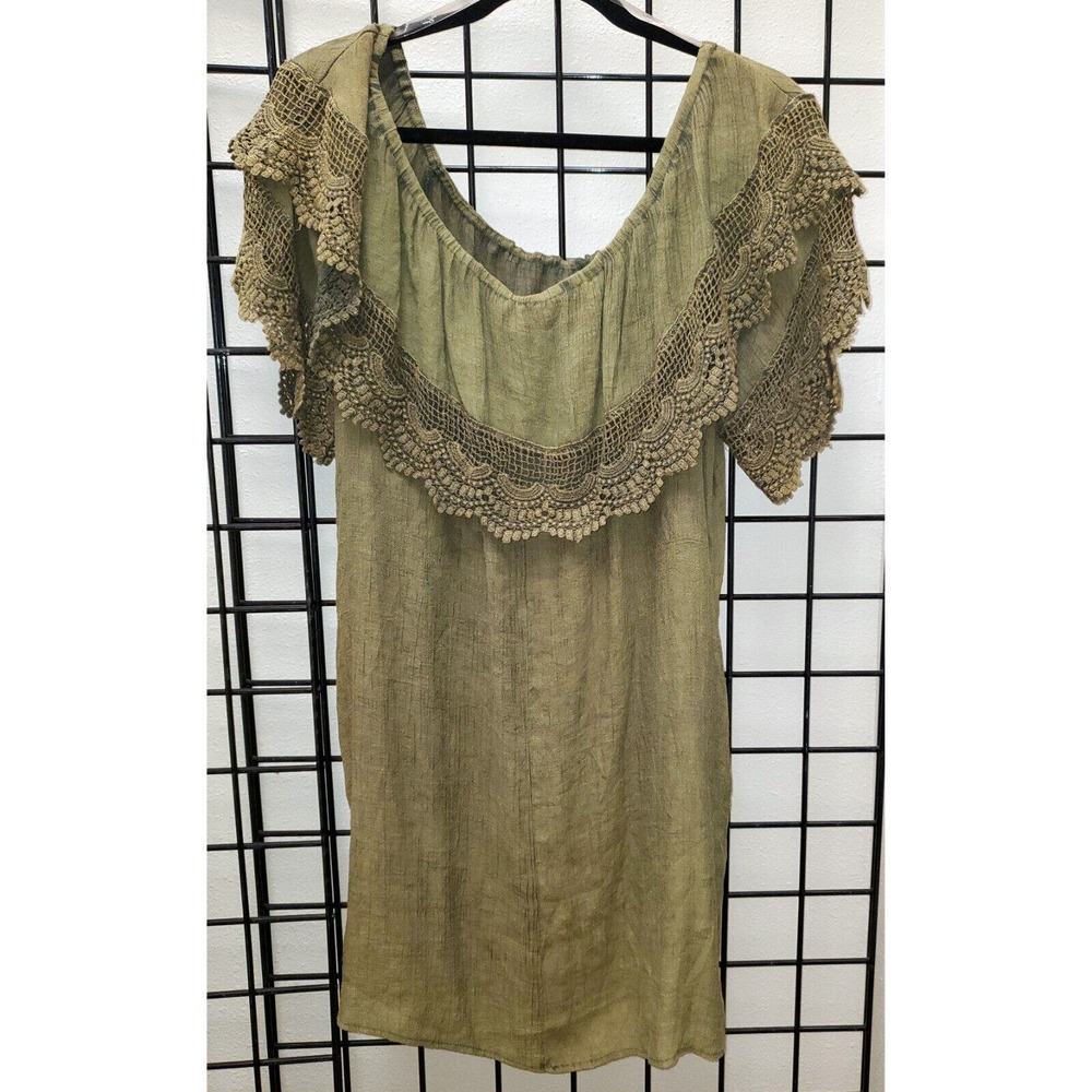 Umgee Womens Off Shoulder Short Sleeve Crochet Ruffle Dress - Olive Green NEW